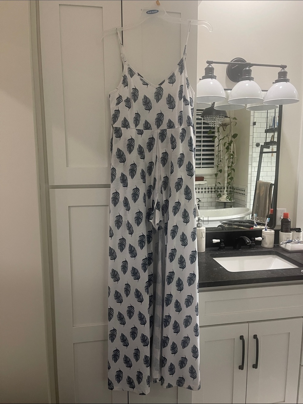 White & Navy Leaf Print Spaghetti-Strap Jumpsuit
